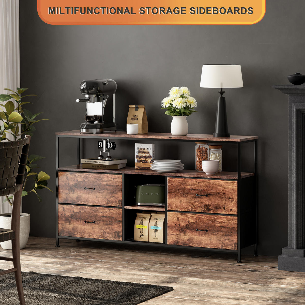 TV-BOARD Braun 108x30x77 cm mit 4 Stoffschubladen, verstellbarer LED-Beleuchtung und Metallrahmen - Braun, Holz/Metall (30/78/108cm) - PARAFTA HOME