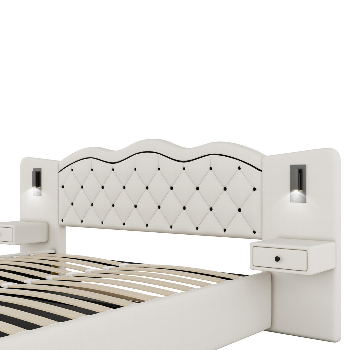 POLSTERBETT aus Leinenimitat und MDF 180x200 cm Beige mit Bettkasten, USB-Anschlüssen und Beleuchtung - Beige, Textil (180/200cm) - IVMEU