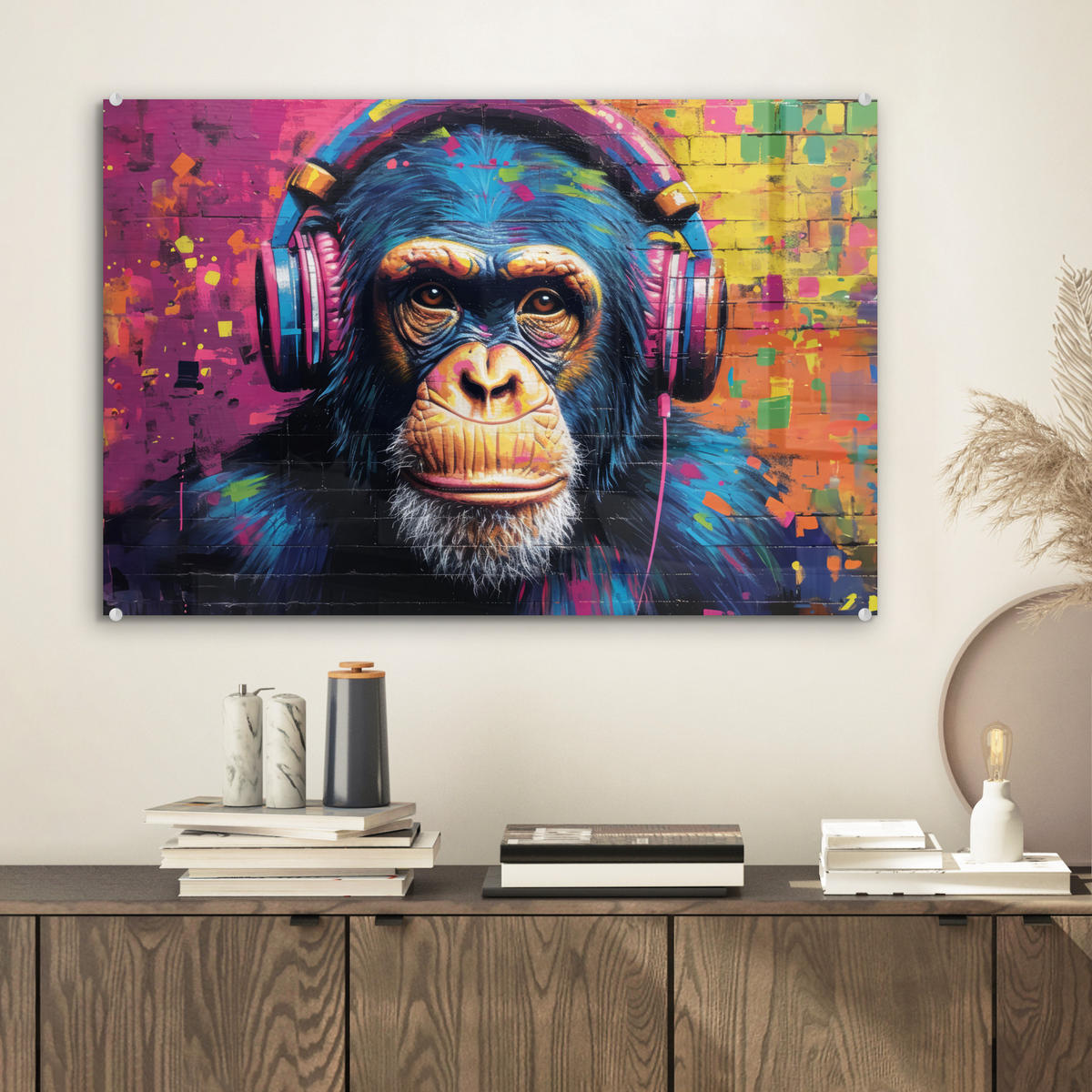ACRYLGLASBILD Graffiti - Schimpanse - Straßenkunst - Kopfhörer - Affe 60x40 cm - Blau, Glas (60/40cm) - MuchoWow
