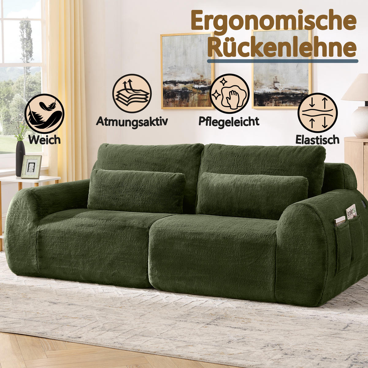 2-SITZER SOFA Kaninchenstil-Kunstfell Grün mit USB und Magazintasche - Grün, Textil (208/81/101cm) - WISHDOR