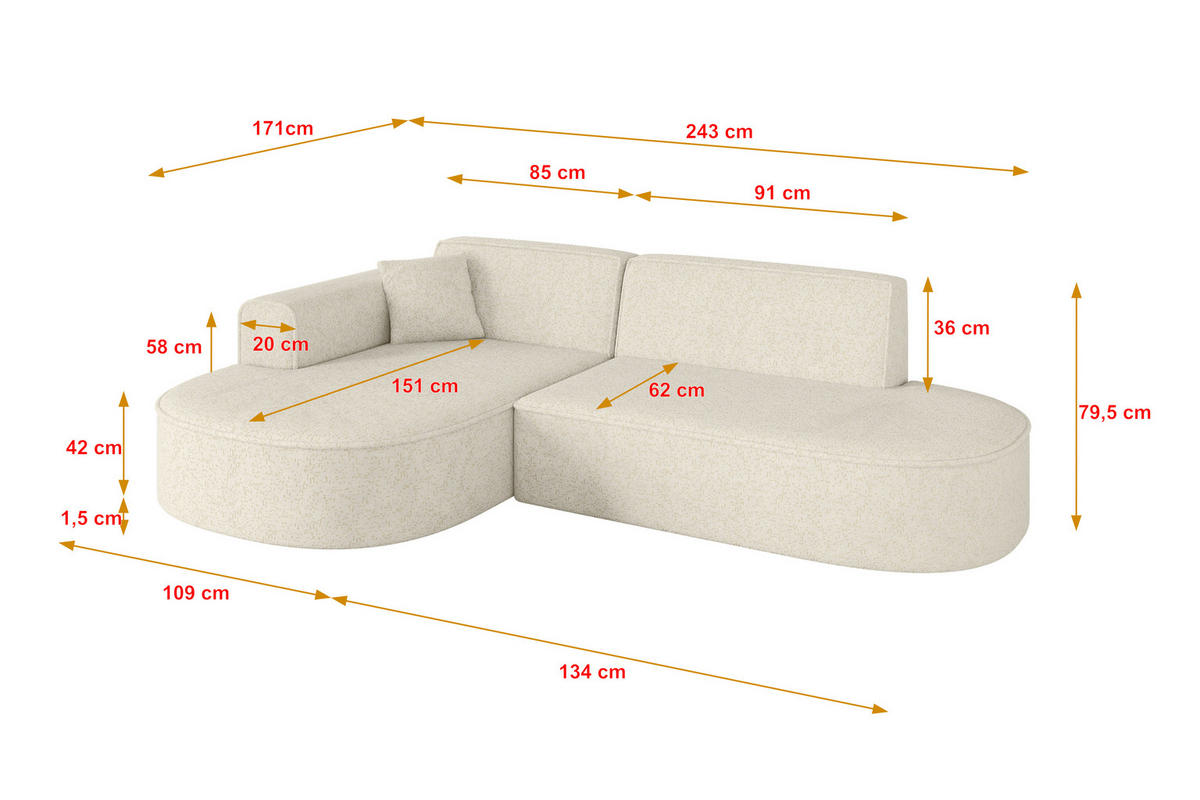 ECKSOFA Ottomane Links MARI-L1 - 243x171x79 cm Creme Tissu - Creme/Schwarz, Holzwerkstoff/Kunststoff (243/171cm) - ALTDECOR