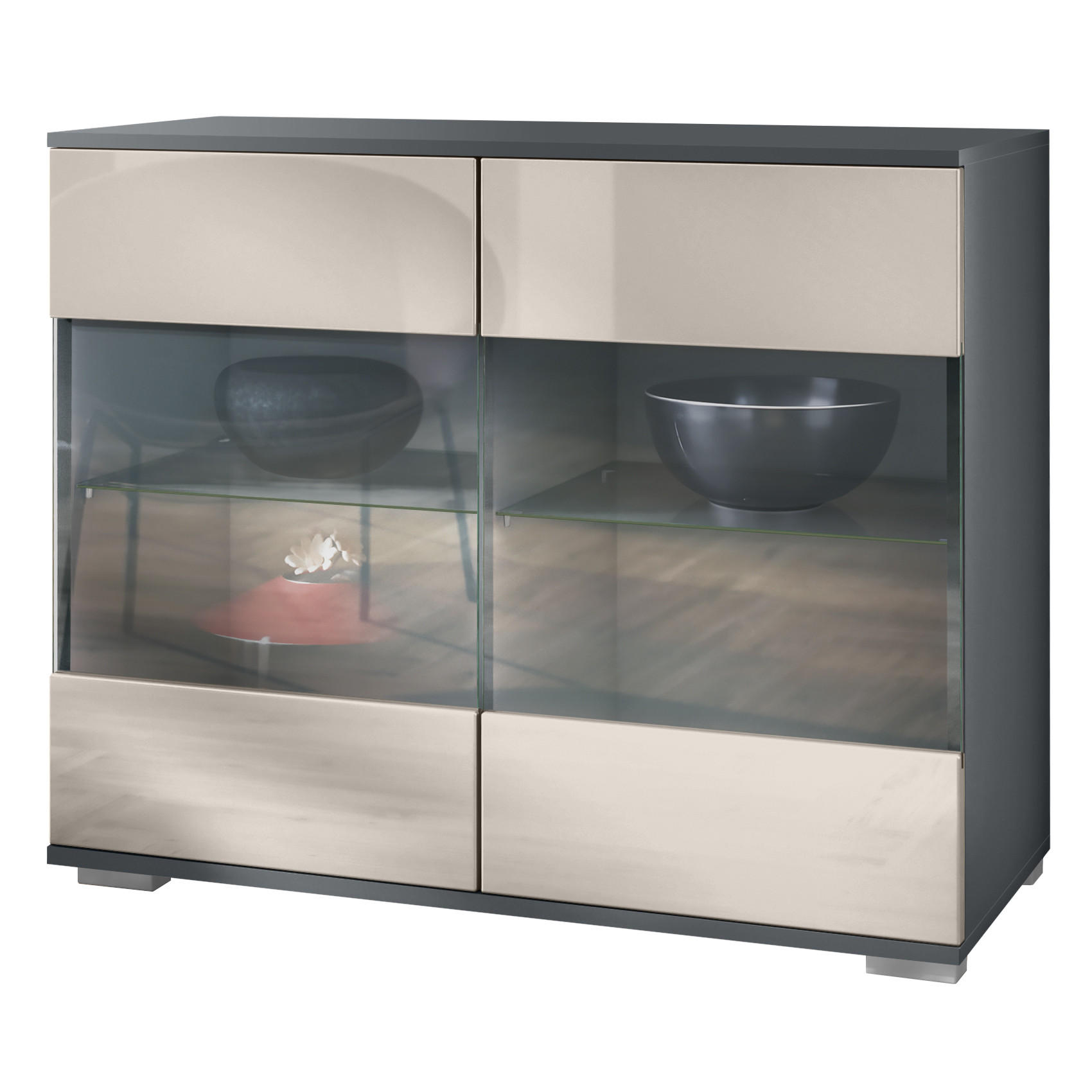 KOMMODE Bari Sandgrau Hochglanz - Sandfarben, Holzwerkstoff (92.5/75.5/35cm) - Vladon