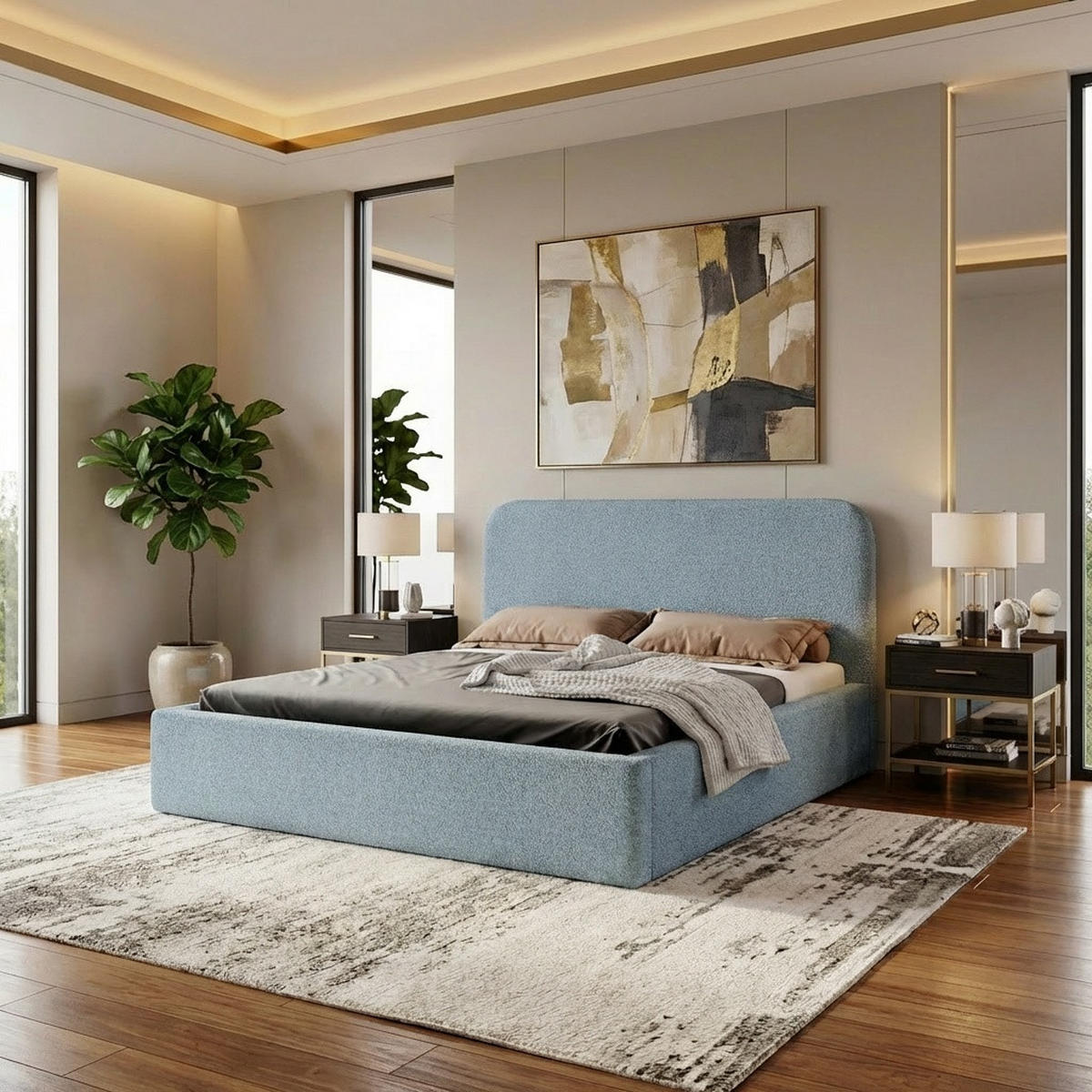 POLSTERBETT LAVINO 180x200 mit Bettkasten & Metallgestell – Bouclé Stoff MONTE Hellblau - Hellblau, Textil (180/200cm) - Luxkor24