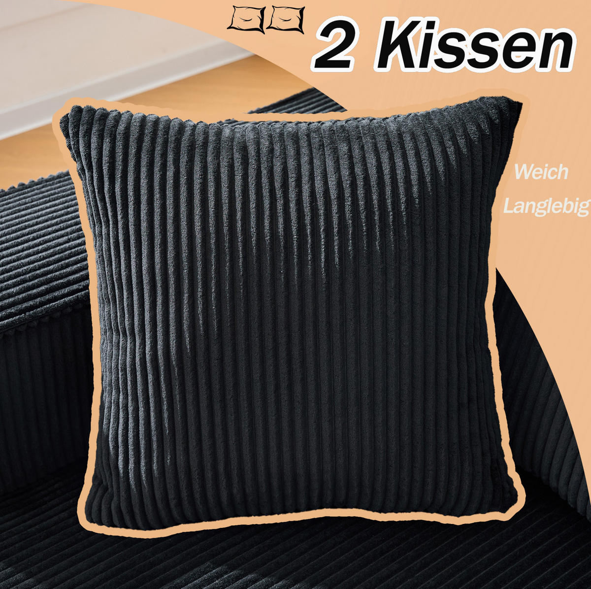 ECKSOFA 235/128/60 cm schwarz aus Cord mit Chaiselongue und 2 Kissen - Schwarz, Textil (128/235cm) - OKWISH