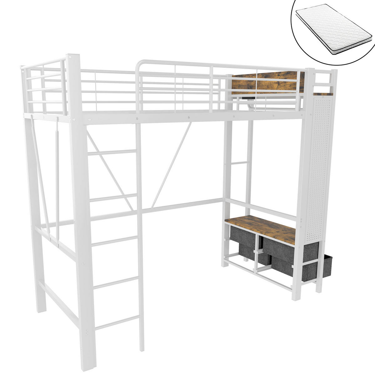 HOCHBETT 90/200 cm Eisenrahmen mit 4 Schubladen und USB-Anschluss mit Matratze - Weiß, Metall (90/200cm) - OKWISH