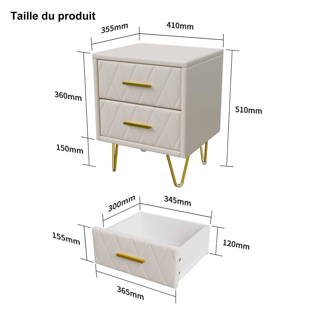 NACHTTISCH 2er-Set aus PU, 2 Schubladen, goldene Metallbeine, 41 x 35.5 x 51 cm, beige - Beige, Holz (41/51/35cm)
