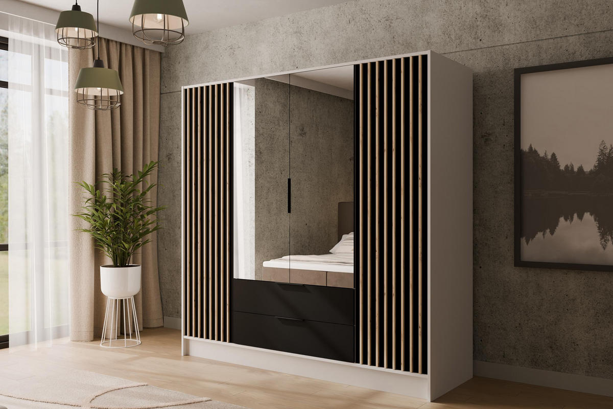 KLEIDERSCHRANK NELIA - 200 cm - Schwarz/Weiß, Holzwerkstoff (200/200/51cm) - ALTDECOR
