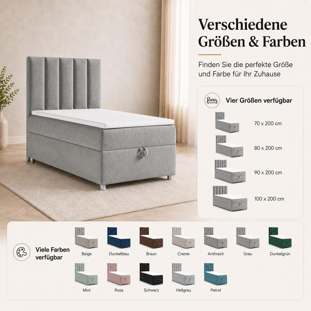 BOXBETT mit Bettkasten Trinity K-10 SINGLE Bonellfederkern inkl. Topper - Grau, Holz/Holzwerkstoff (100/200cm) - Best For Home