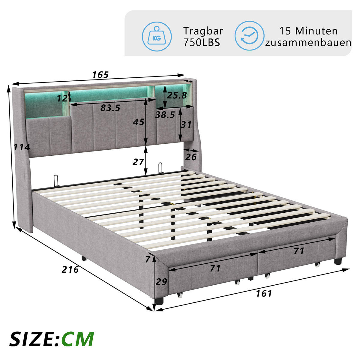 POLSTERBETT 160x200 cm, Kopfteil mit Stauraum, USB-Laden, LED, Grau - Grau, Holz (160/200cm)
