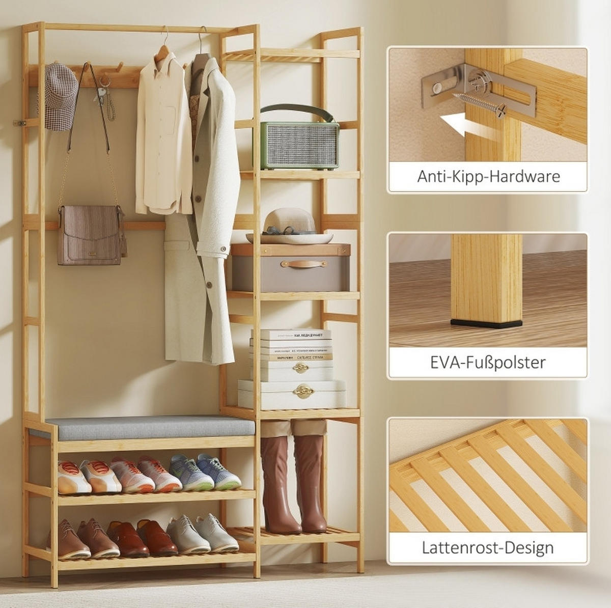 KLEIDERSTÄNDER 104/175/33 cm Naturholz aus Bambus mit Schuhschrank - Naturfarben, Naturmaterialien (33/175/104cm) - OKMYHOME