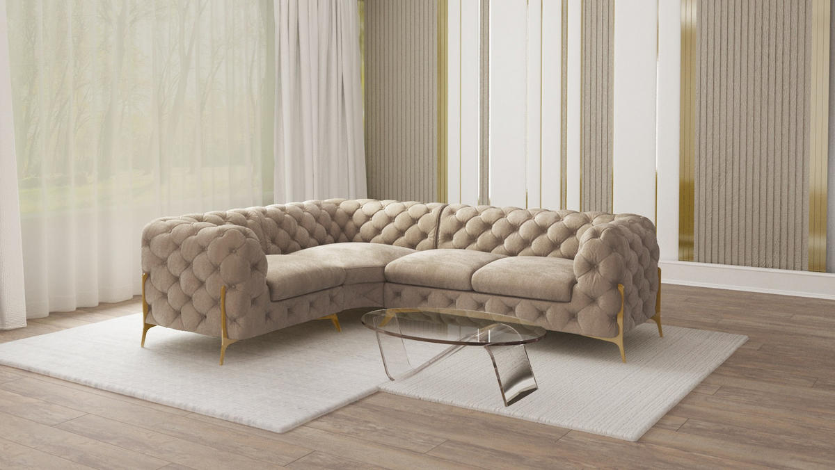 ECKSOFA Chesterfield Lexi Dunkle Creme Samt, Ottomane links - Goldfarben/Creme, Holz/Textil (264/204cm) - S-Style Möbel