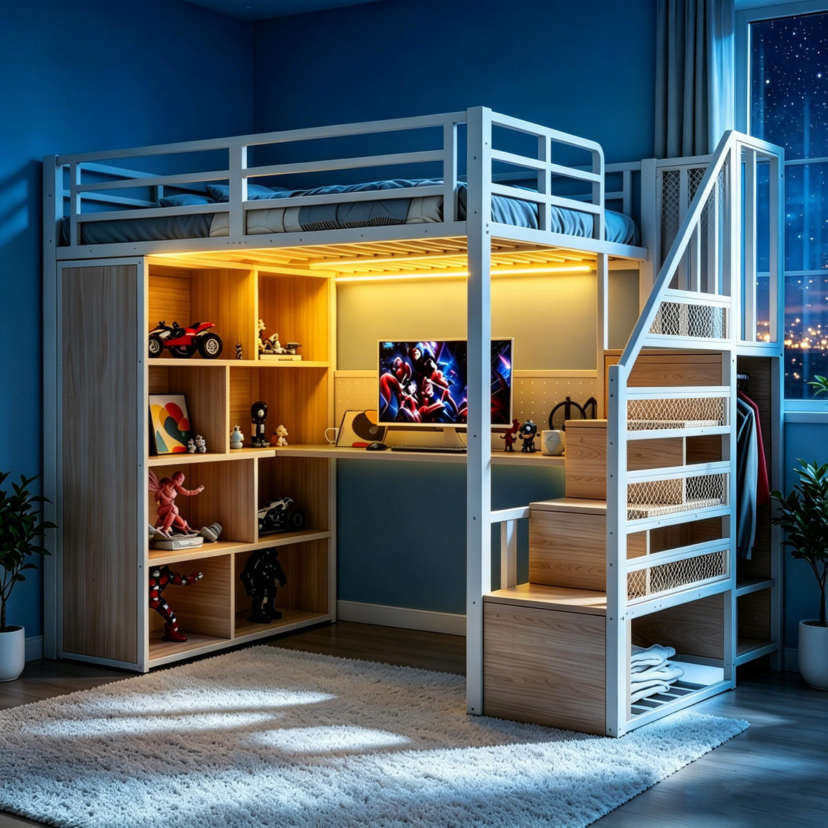 HOCHBETT Weiß aus Metall 90×200cm mit Stauraumtrittleiter, Schreibtisch, Stauschränken und LED-Beleuchtung - Weiß, Metall (90/200cm) - Luhomfu