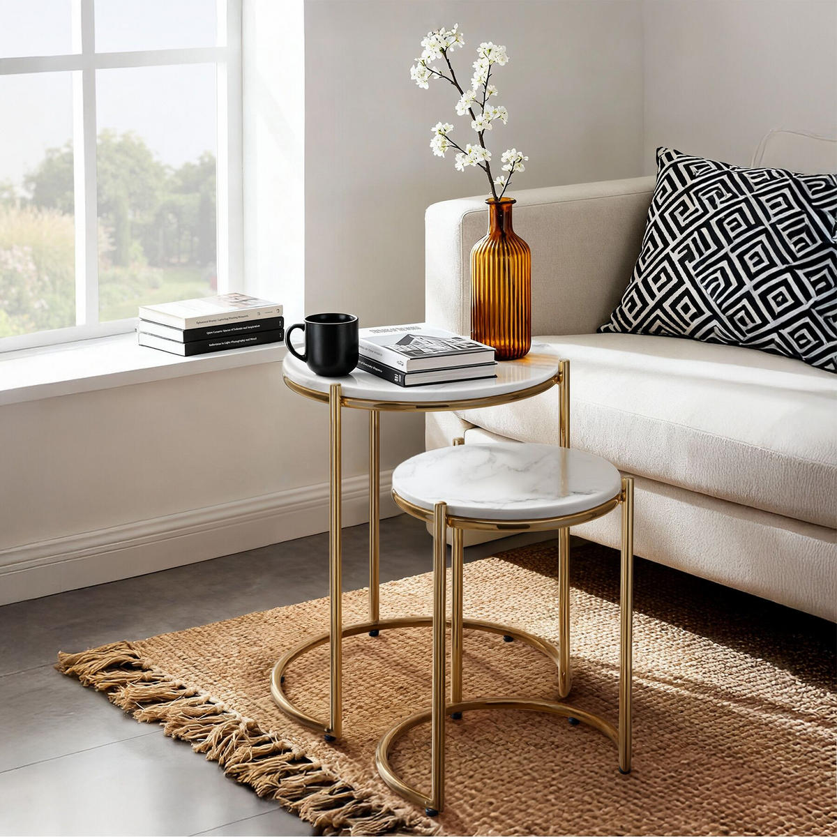 BEISTELLTISCH Ellsa,ineinander schiebbar,weiß/gold - Goldfarben/Weiß, Stein (43/43/50.5cm) - tectake