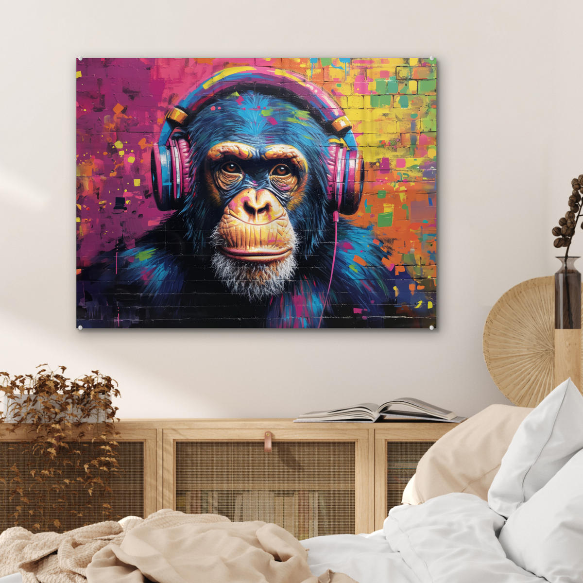 ACRYLGLASBILD Graffiti - Schimpanse - Straßenkunst - Kopfhörer - Affe 80x60 cm - Blau, Glas (80/60cm) - MuchoWow