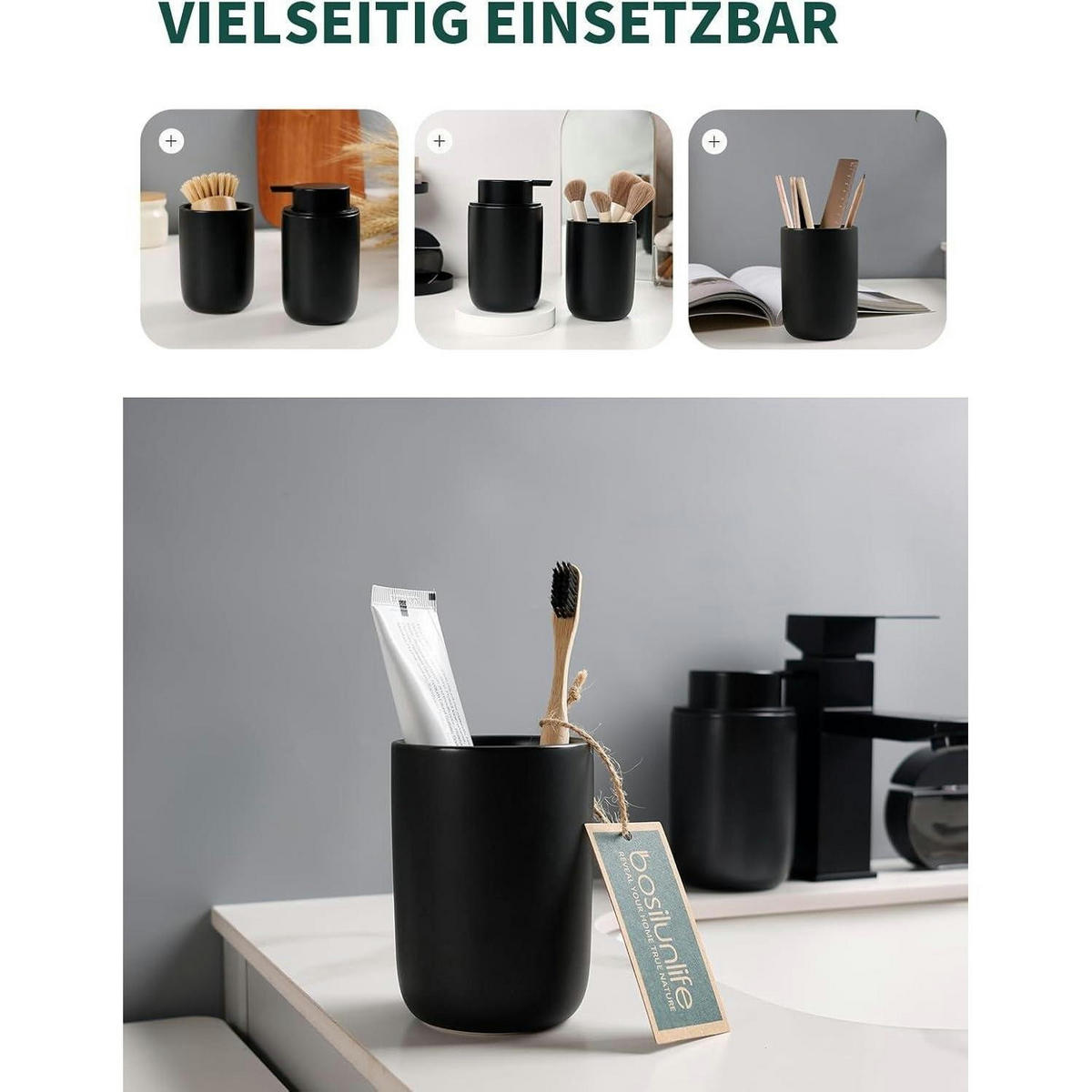 SEIFENSPENDER mit Zahnbürstenhalter Keramik Schwarz 350ml - Schwarz, Keramik (8/14/8cm)