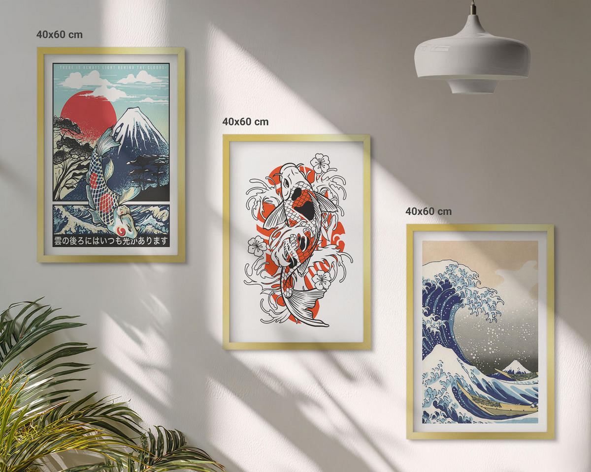 BILDER SET 3er Set - 40x60 cm Goldrahmen - Berge von Fischen Große Welle Japan - Goldfarben, Kunststoff (40/60cm) - TULUP