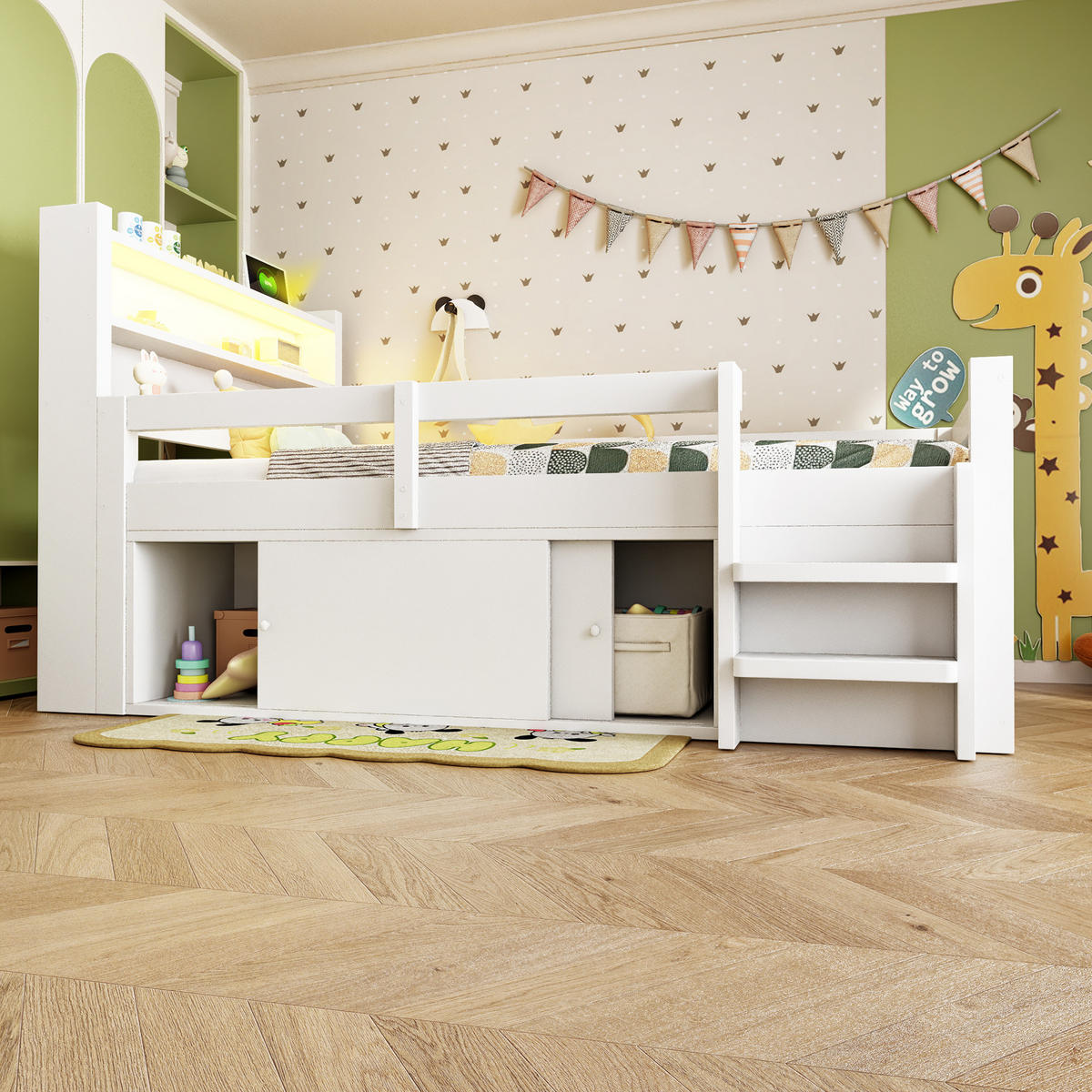 KINDERBETT 90/200 cm in Weiß Holz mit Stauraum, LED und USB - Weiß, Holz/Holzwerkstoff (90/200cm) - WISHDOR