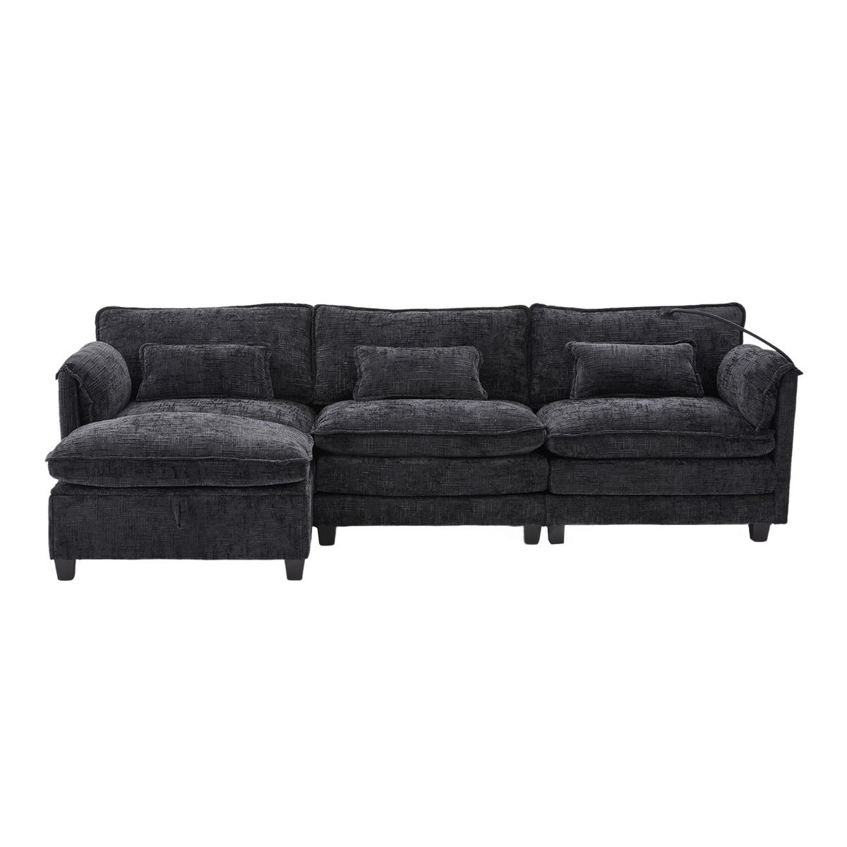 ECKSOFA mit USB-Anschluss und Hocker aus Chenille Schwarz 279/83/85 cm - Schwarz, Textil (279/83cm) - OKWISH