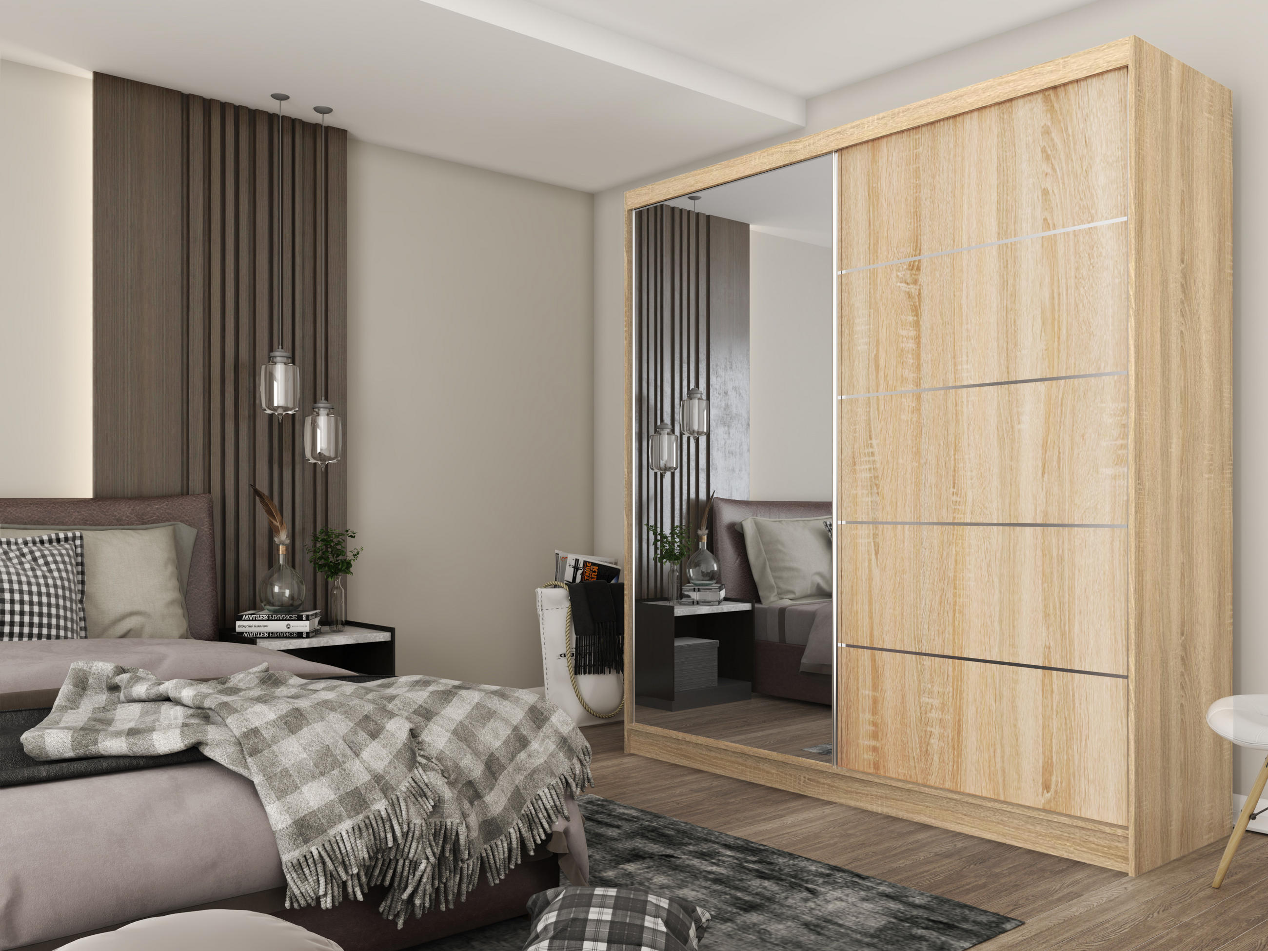 SCHWEBETÜRENSCHRANK MIRELLA 200/216/61 cm 2-türig mit Spiegel Sonoma Eiche - Sonoma Eiche, Holzwerkstoff (200/216/61cm) - MASSENO