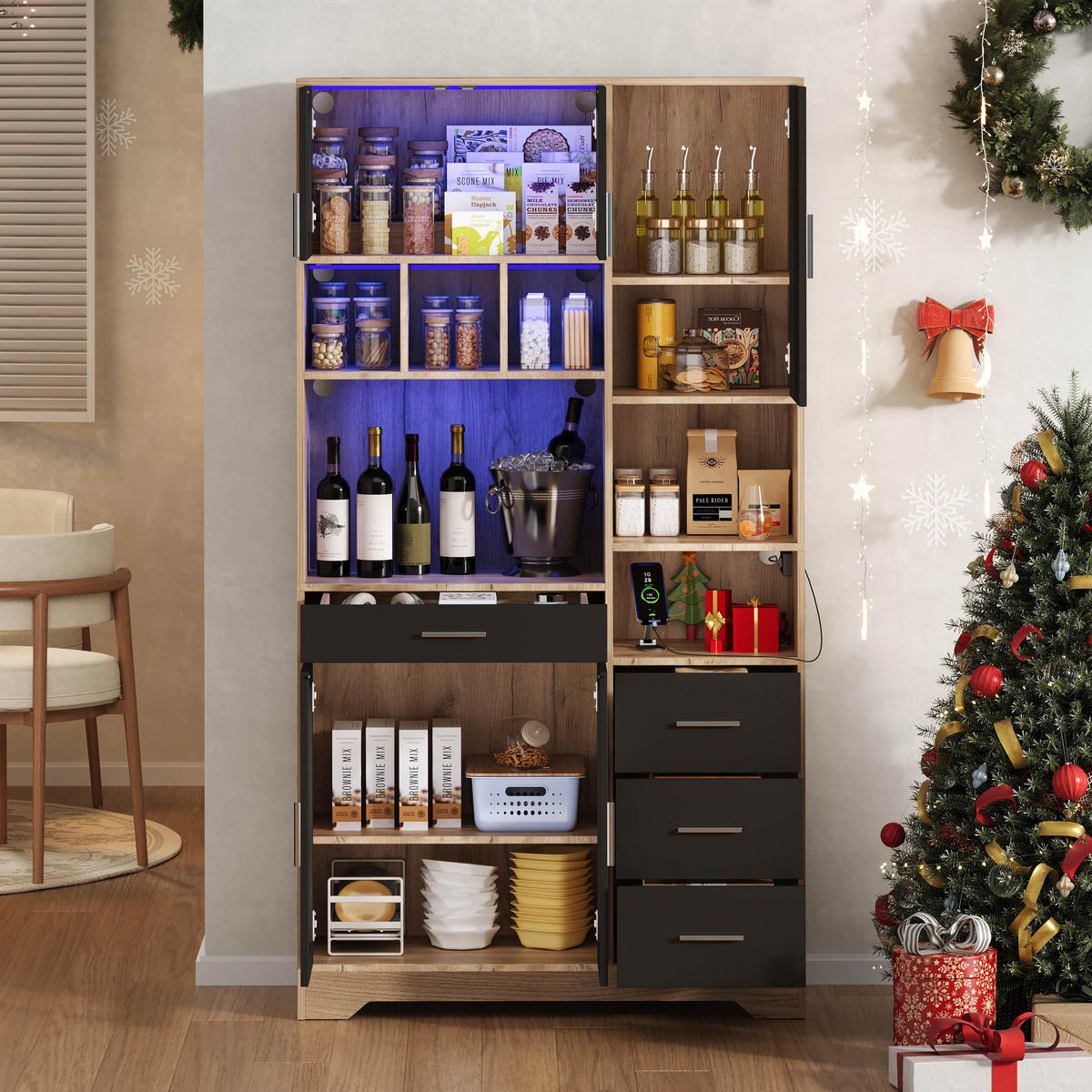 BUFFETSCHRANK 40/100/185 cm schwarz/natur aus MDF mit LED - Schwarz, Holzwerkstoff (100/185/40cm) - OKWISH