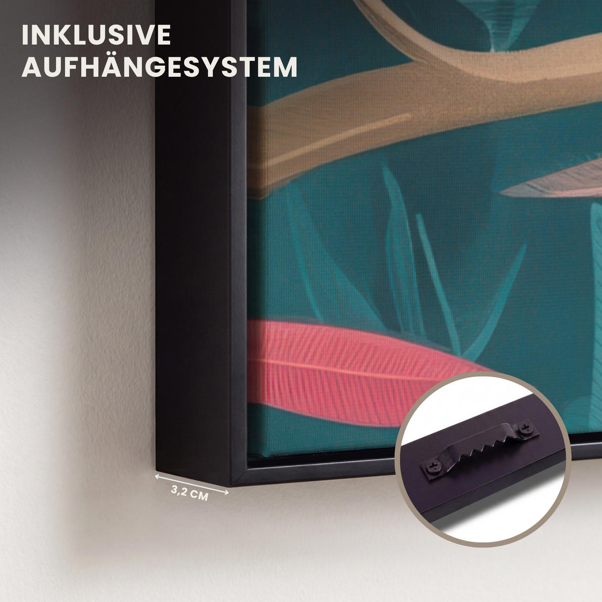 LEINWAND Bilder mit Rahmen - Kakadu - Tropische Blätter - Zweig - 70x50 - Petrol, Textil (70/50cm) - MuchoWow