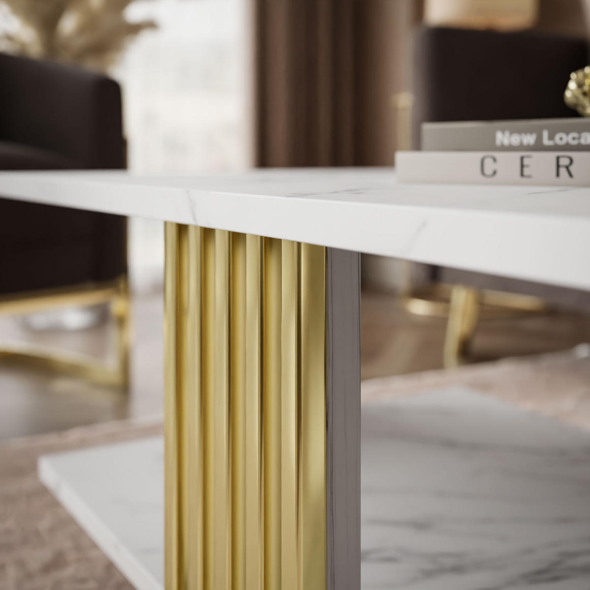 COUCHTISCH SAPHIRA GOLD mit Ablageboden, Weißer Marmor - Weiß, Holzwerkstoff (60/100/40cm) - Lookway