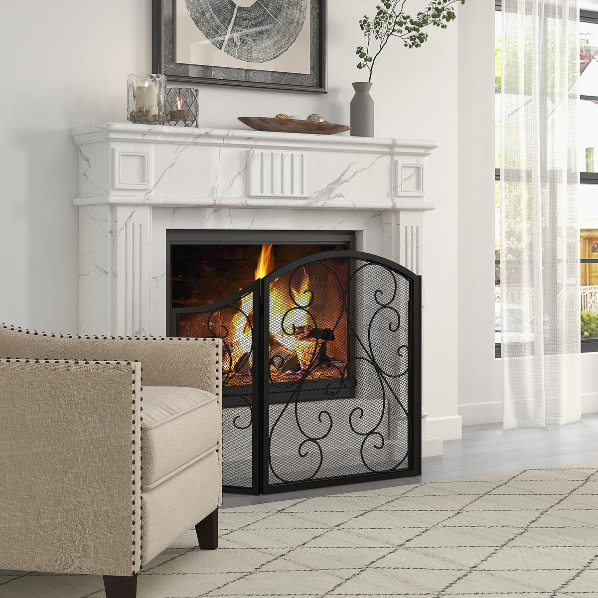 KAMINGITTER, Klappbares Kaminschutzgitter, Ofenschutzgitter mit 3 Paneelen - Schwarz, Metall (31/81/66cm) - HOMCOM