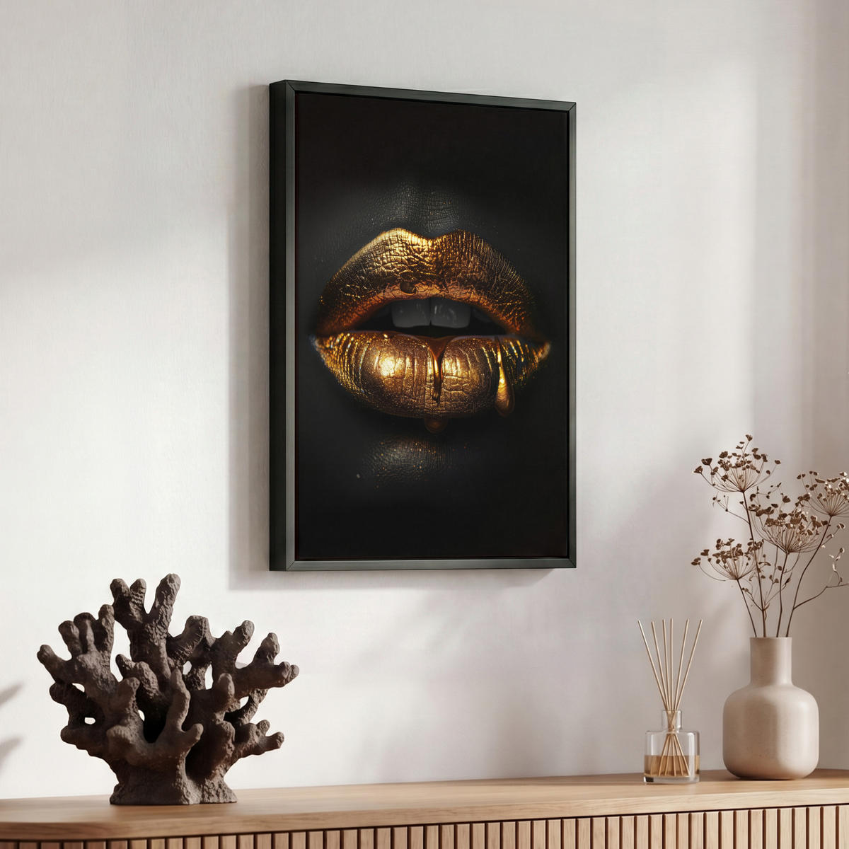 LEINWAND Bilder mit Rahmen - Frau - Porträt - Lippen - Gold - Schwarz - 30x40 - Schwarz, Textil (30/40cm) - MuchoWow