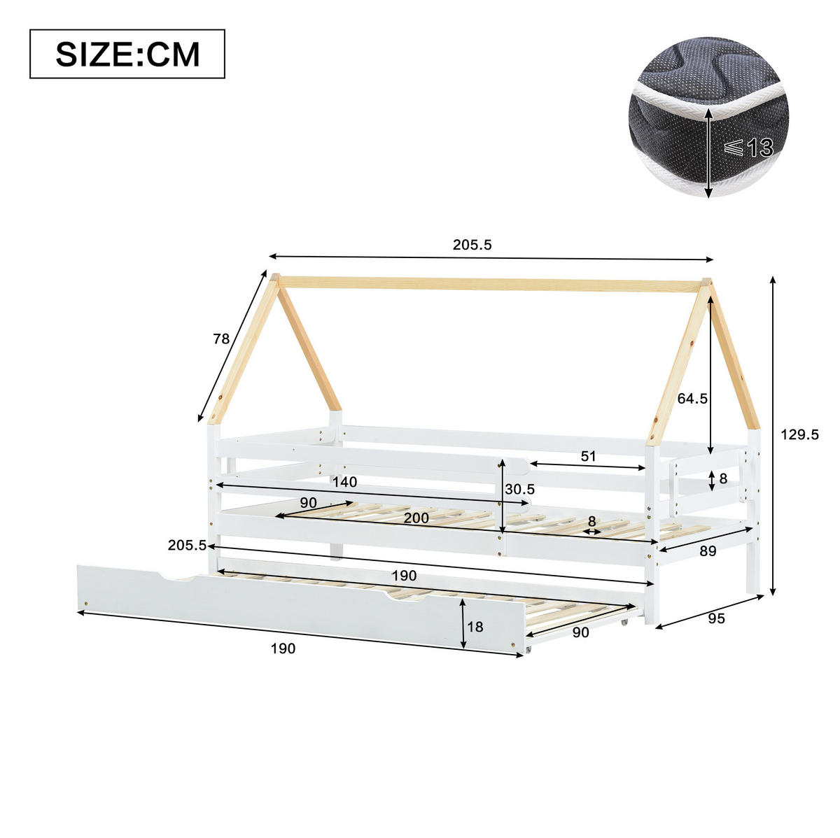 HAUSBETT mit Ausziehbett, Weiß/Natur, 90/200 cm - Weiß, Holz (90/200cm) - MIVRAY