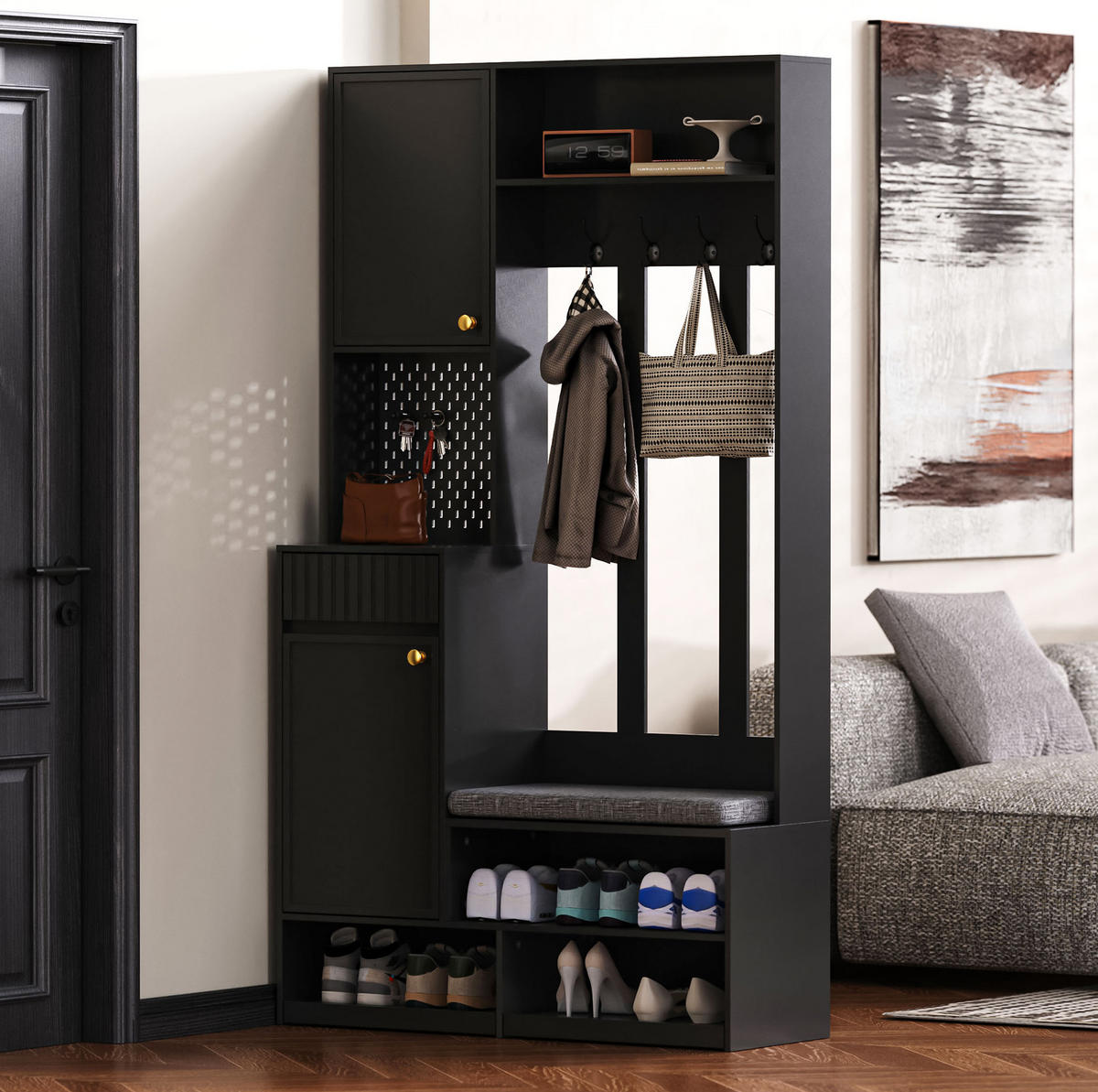 GARDEROBE 100/180/35 cm Schwarz aus MDF mit Sitzbank - Schwarz, Holzwerkstoff (35/180/100cm) - OKMYHOME