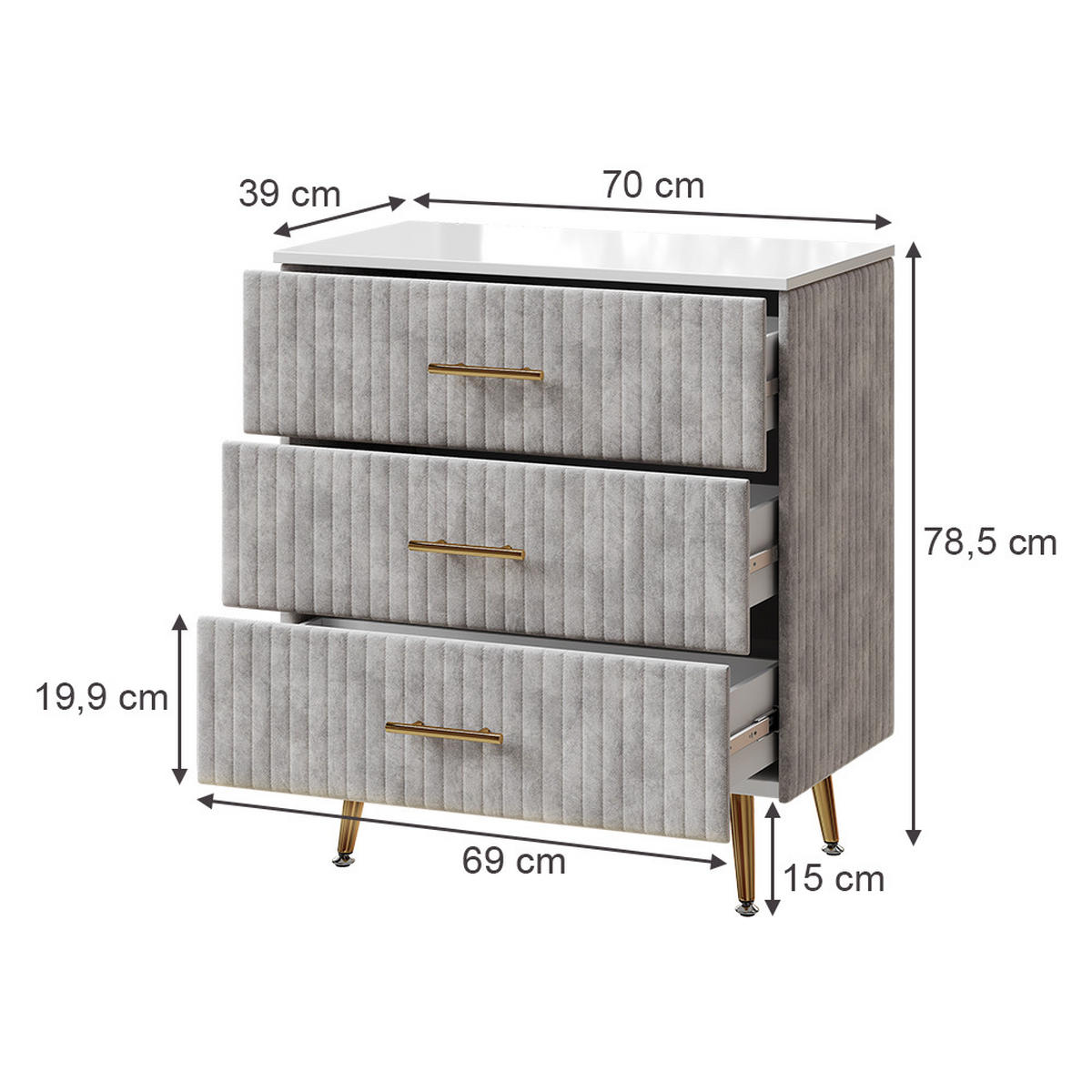 KOMMODE Velia Grau 70 x 78.5 cm mit 3 Schubladen - Grau, Holzwerkstoff (70/78.5/39cm) - Vicco