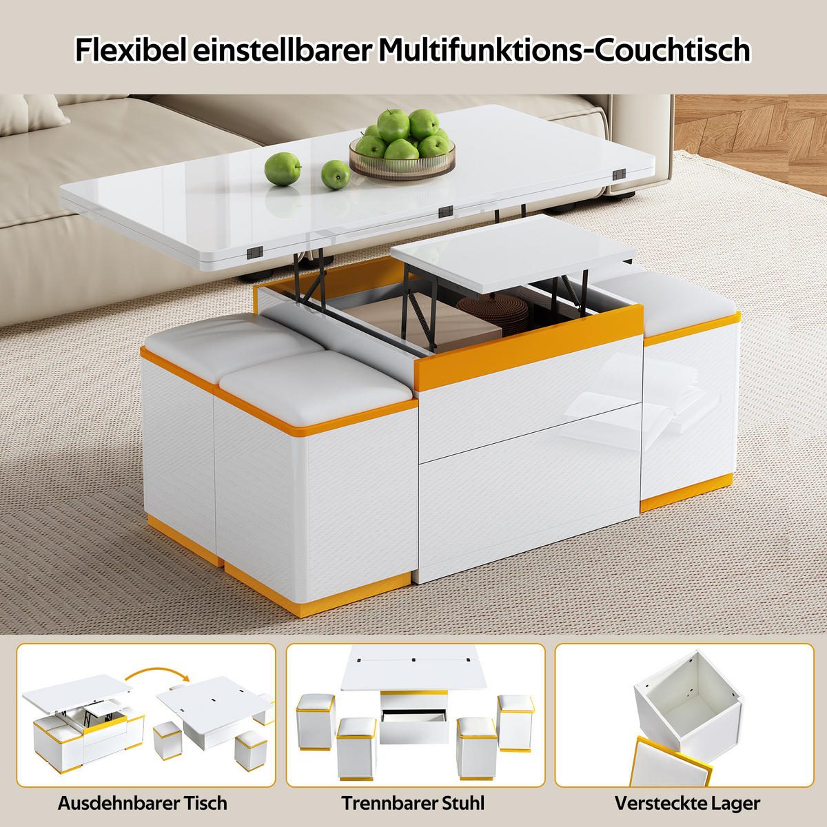 COUCHTISCH in Weiß Wohnzimmertisch mit mit Schubladen,Höhenverstellung und Klappfunktion, B100/T50/H43cm - Weiß, Holzwerkstoff (50/100/43cm) - STILVORA
