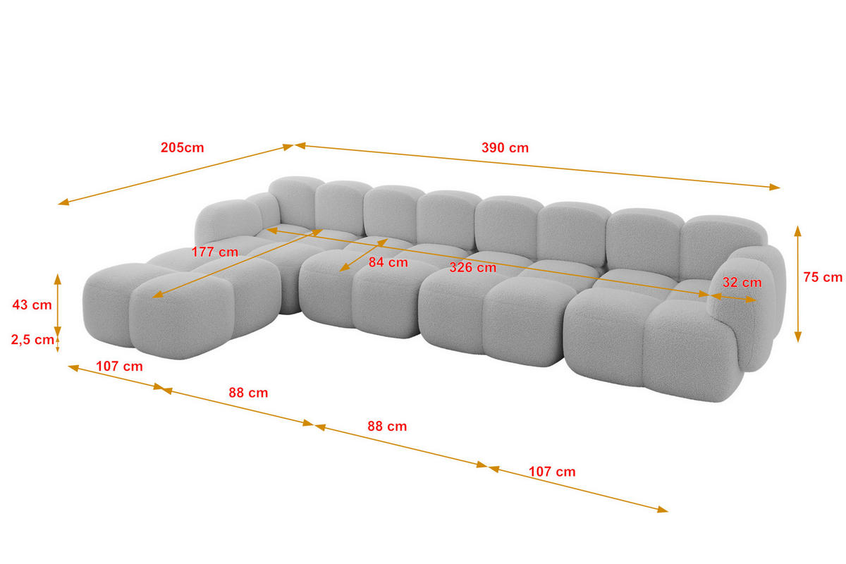 ECKSOFA modulares Sofa Links Miko-L3 390x205x75 Hellgrau Bouclé - Edelstahlfarben/Schwarz, Holzwerkstoff/Kunststoff (390/205cm) - ALTDECOR