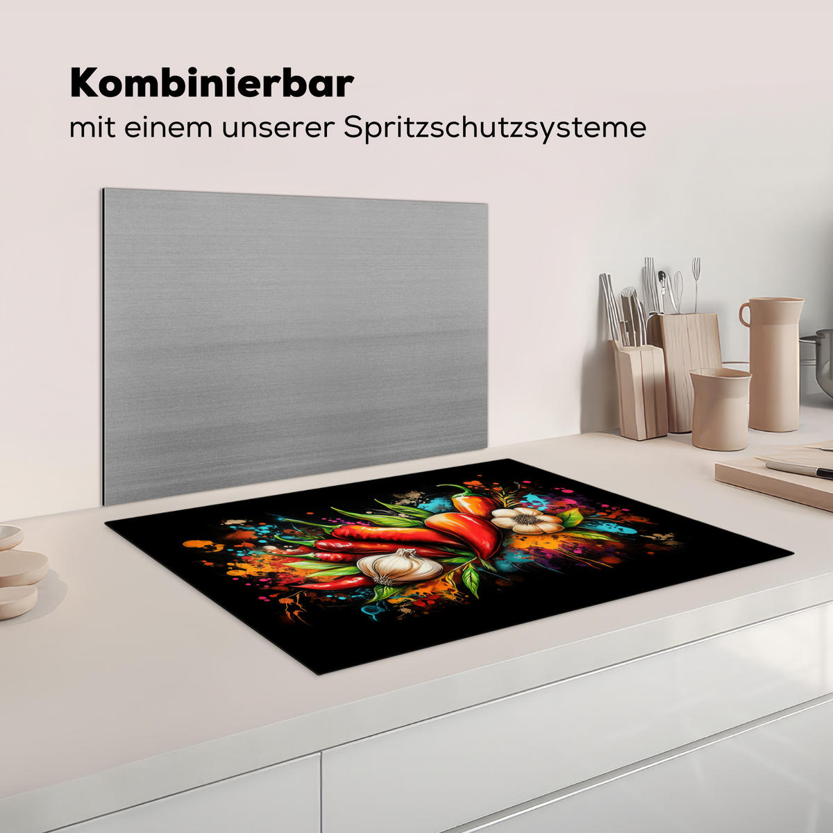 KRYT NA INDUKČNÍ DESKU Zelenina - paprika - česnek - graffiti - barva - barevné 75x52 cm - červená, plast (75/52/0.2cm) - MuchoWow