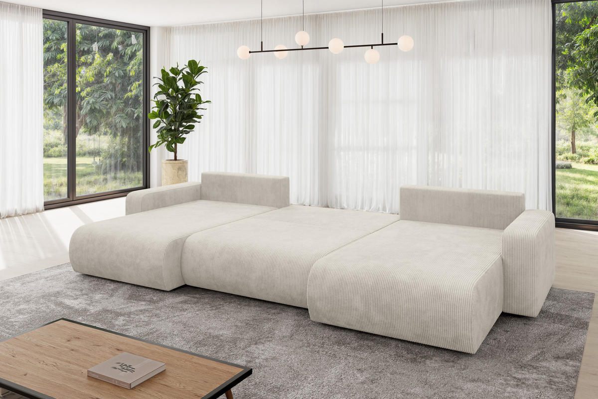 SEDACÍ SOUPRAVA DO U s funkcí spaní a úložným prostorem BERY-U 377x193x88 krémová manšestr - černá/krémová, kompozitní dřevo/textil (377/88/193cm) - ALTDECOR