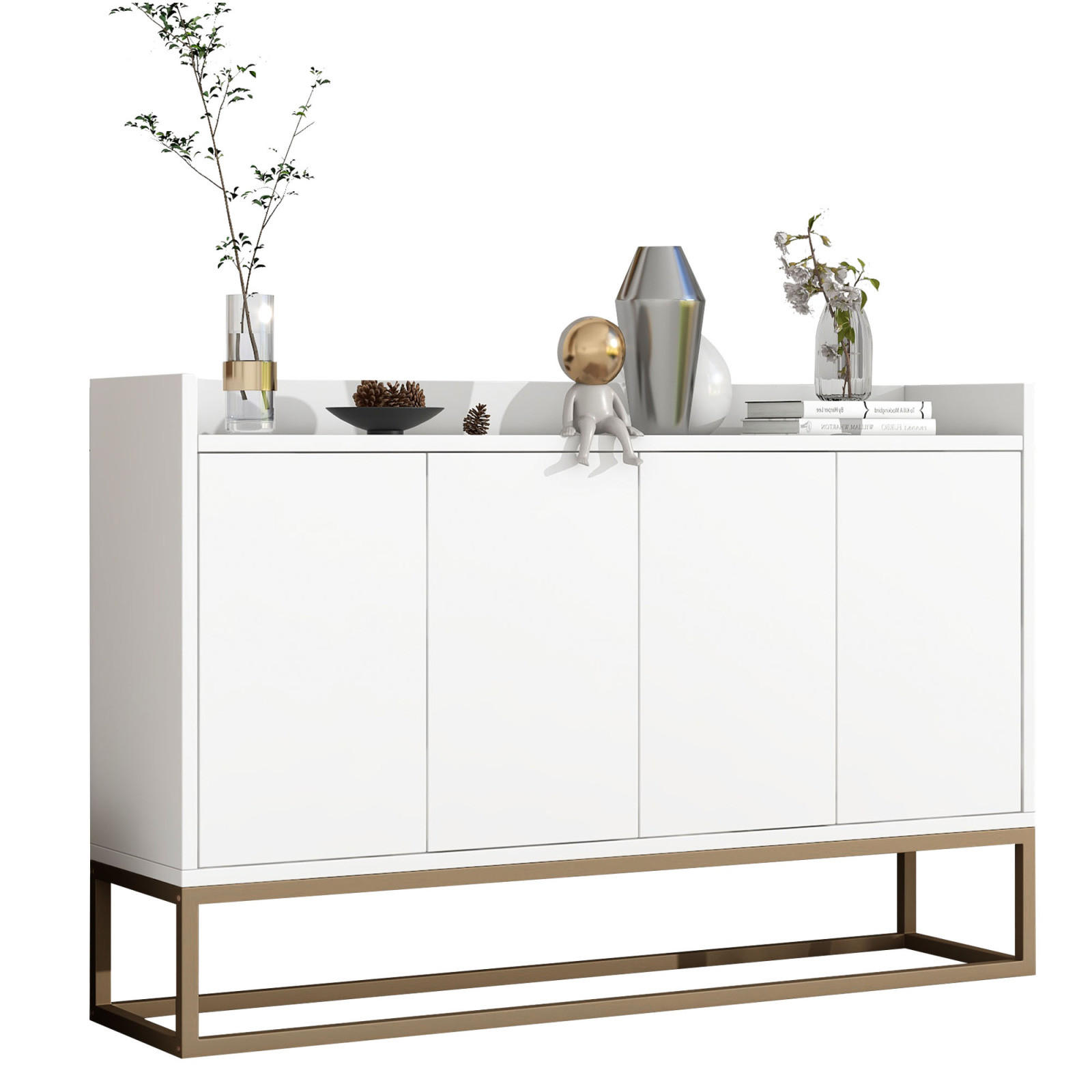 VITT sk&auml;nk, 120x30x80 cm, med 4 d&ouml;rrar och guldf&auml;rgad metallram 80/30/120 cm