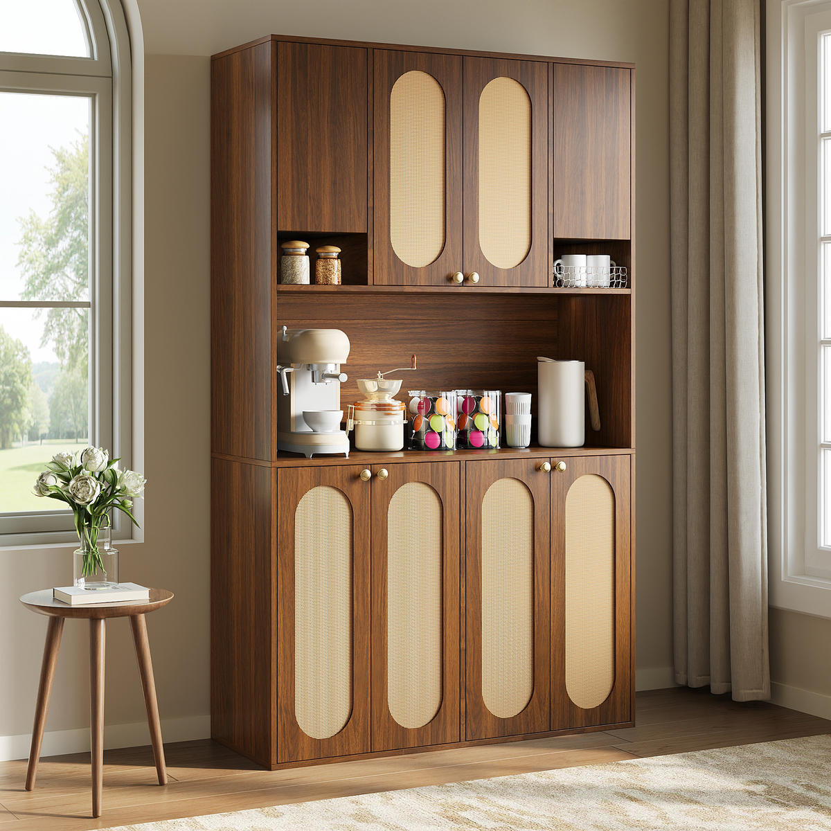 BUFFET Hoch mit PE-Rattan, LED-Beleuchtung und großem Stauraum - Nussbaumfarben, Holzwerkstoff (40/178/106cm) - Korfee