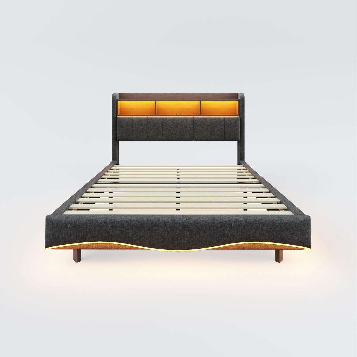 POLSTERBETT 160/200 cm Grau mit LED-Beleuchtung, Stauraum und USB- und Type-C-Anschlüssen - Grau, Textil (160/200cm) - Flora Grace