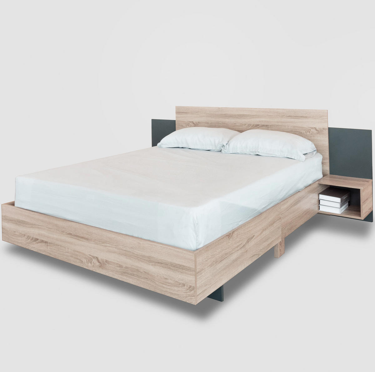 DOPPELBETT 160/200 cm mit 2 Nachtkommoden in Sonoma-Eiche/Dunkelgrau - Dunkelgrau, Holz (160/200cm) - BEAOK