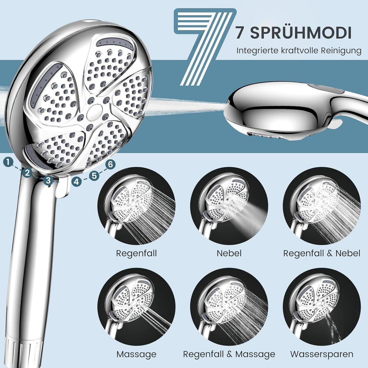 HANDBRAUSE mit Filter und 7 Strahlarten Silber - Silberfarben, Metall (13.5/12.7/31cm)