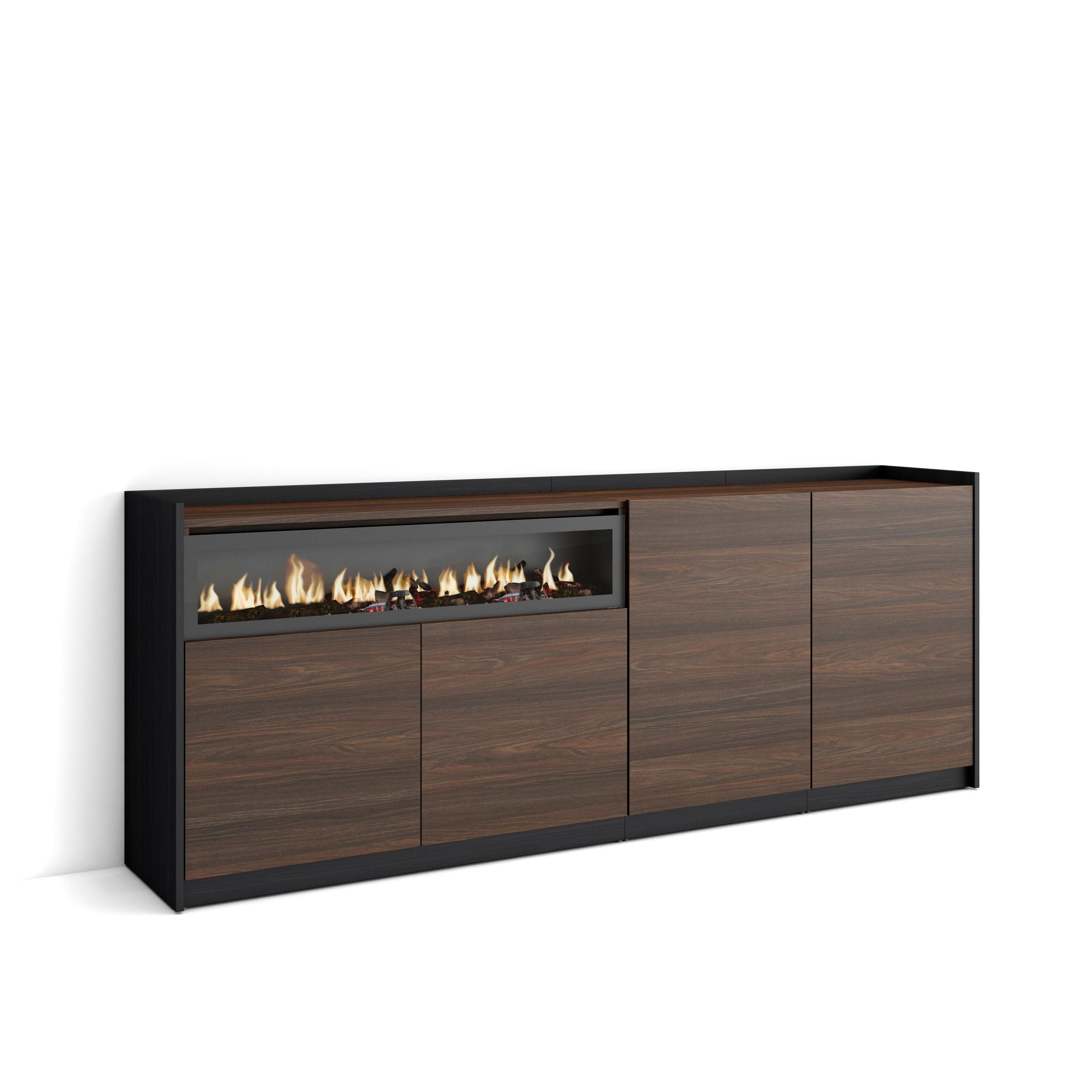 SIDEBOARD, Dunkler Eiche und Schwarz, Elektrokamin, 207/37/80cm - Dunkelbraun, Holzwerkstoff (207/80/37cm) - Skraut Home