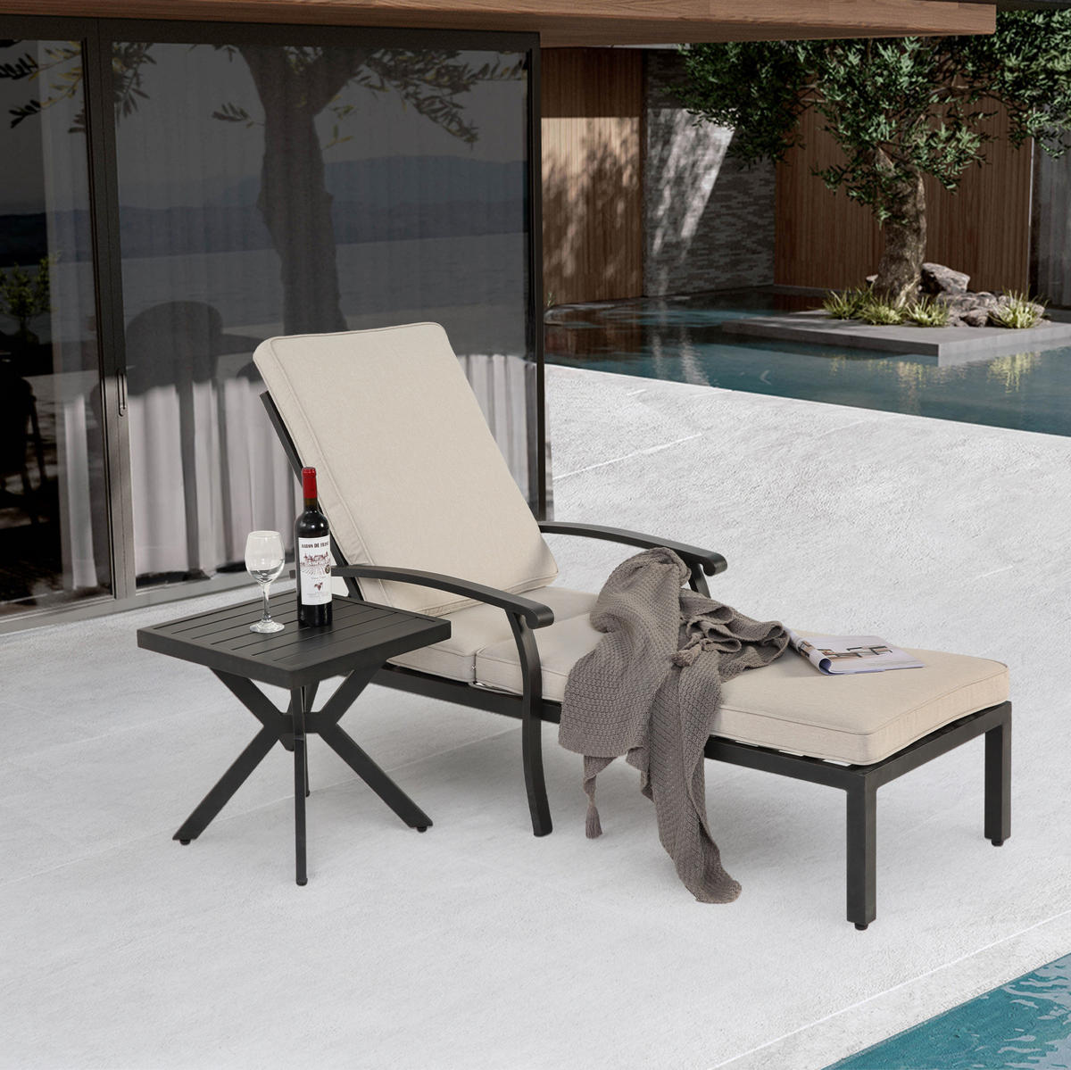 GARTENLIEGE aus Aluminium 204x58x100/30 cm Beige mit 5-fach verstellbarer Rückenlehne und Baumwollkissen - Beige, Metall (58/100/204cm) - Modfu