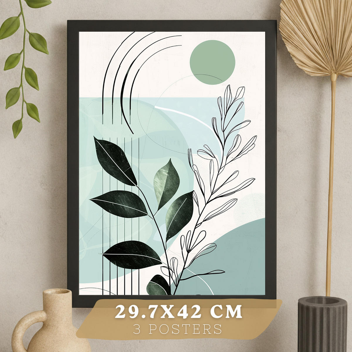 PLAKAT Sada 3 dekorativních nástěnných tisků, zelené rostliny, pro moderní dekoraci obývacího pokoje Černý rám A3 - černá, papír (29.7/42/3cm) - Nacnic