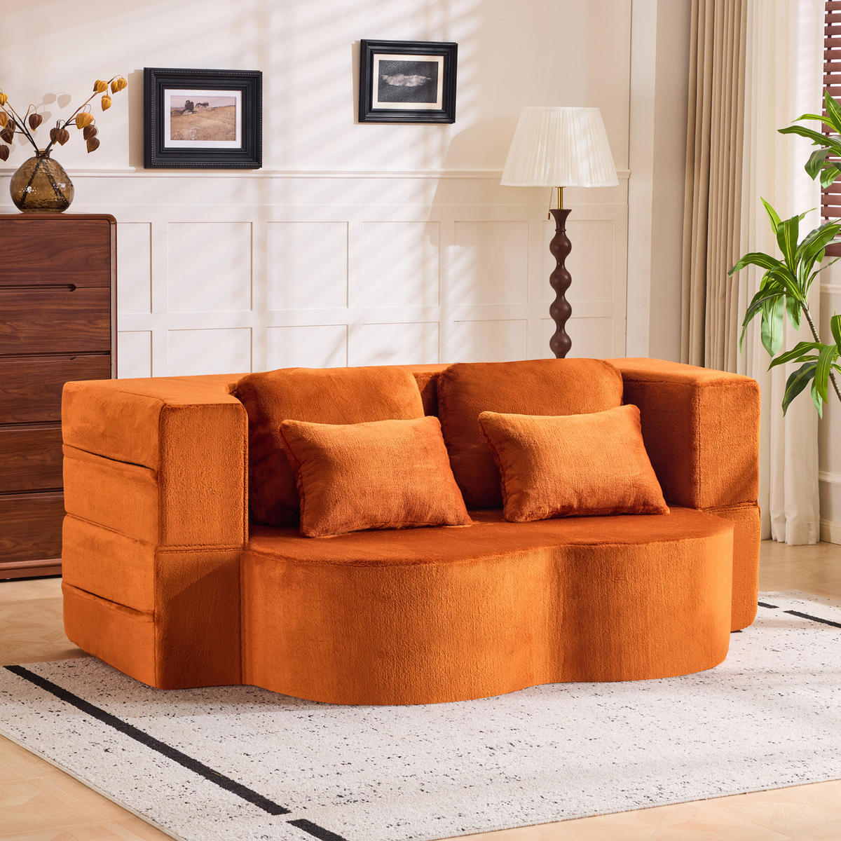 SCHLAFSOFA aus Schaumstoff und Feder Orange klappbar mit 4 Kissen und multifunktionalem Design - Orange, Kunststoff (198/76/60cm) - Modfu