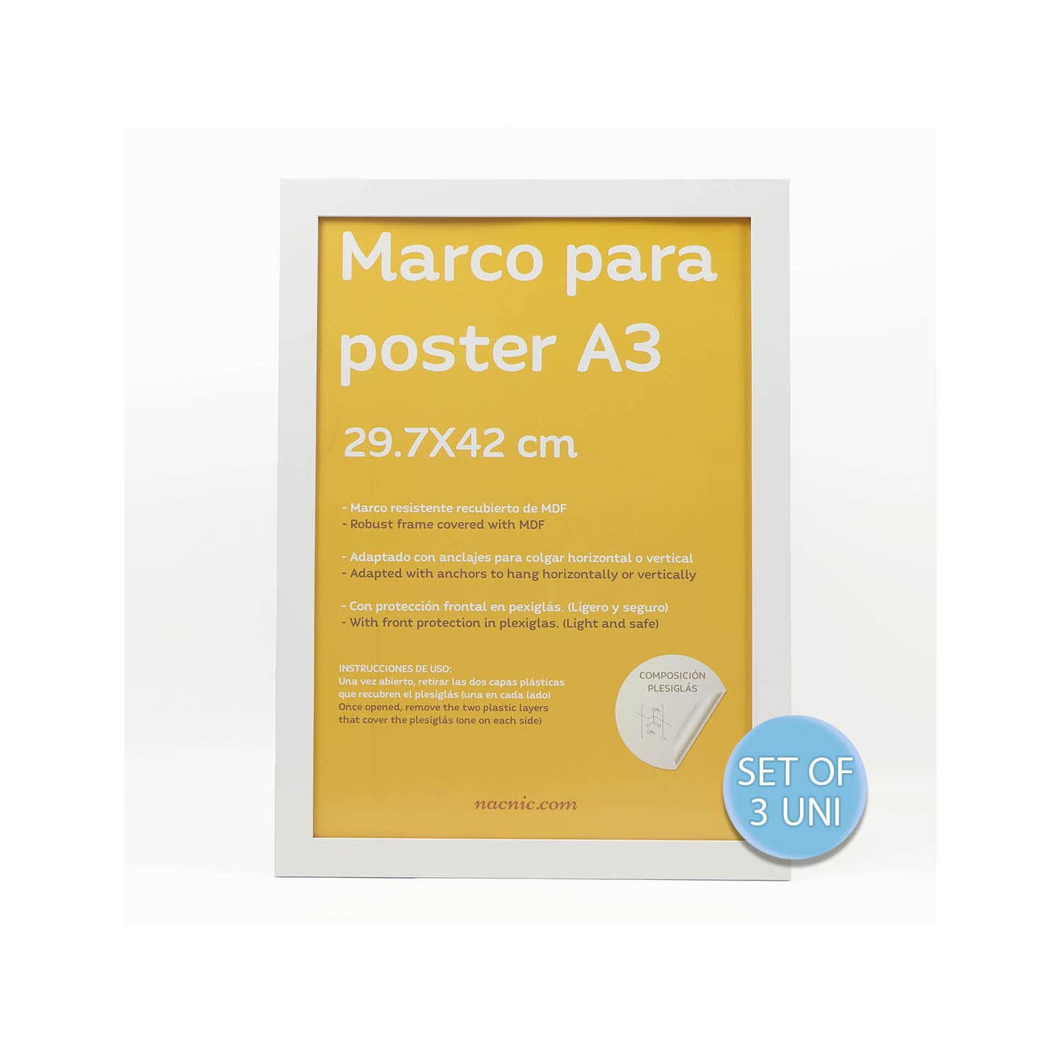 RAHMEN Set mit 3 aus MDF und Acrylglas Schutz und Aussteller für Fotografien, Bilder, Poster, Gemälde, Dekoration für Haus Farbe Weiß A3 - Weiß, Holz (29.7/3/42cm) - Nacnic