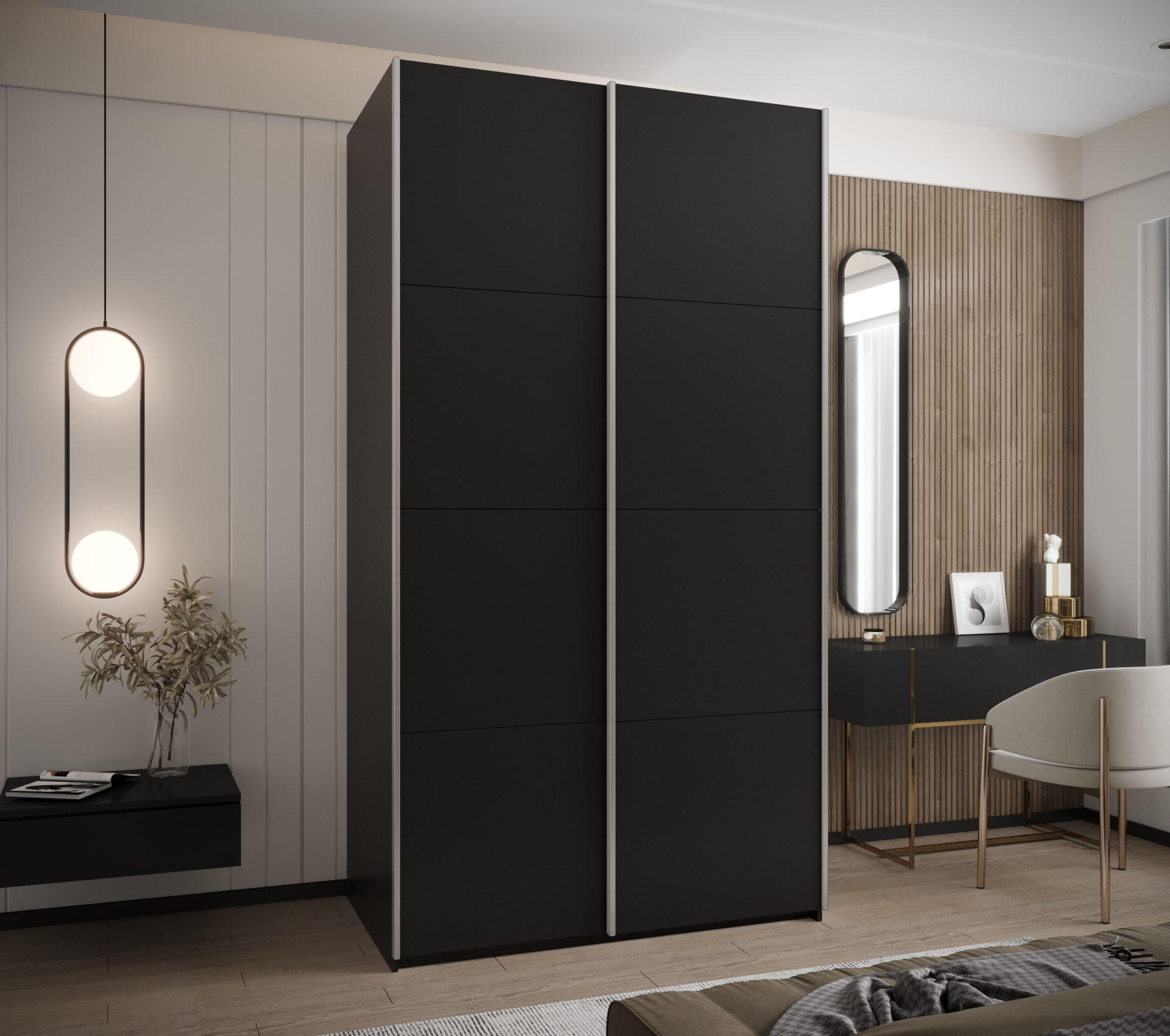 SCHWEBETÜRENSCHRANK 245,5/130/64 2-türig - Silberfarben/Schwarz, Holz/Metall (130/245/64cm) - Abiks Möbel