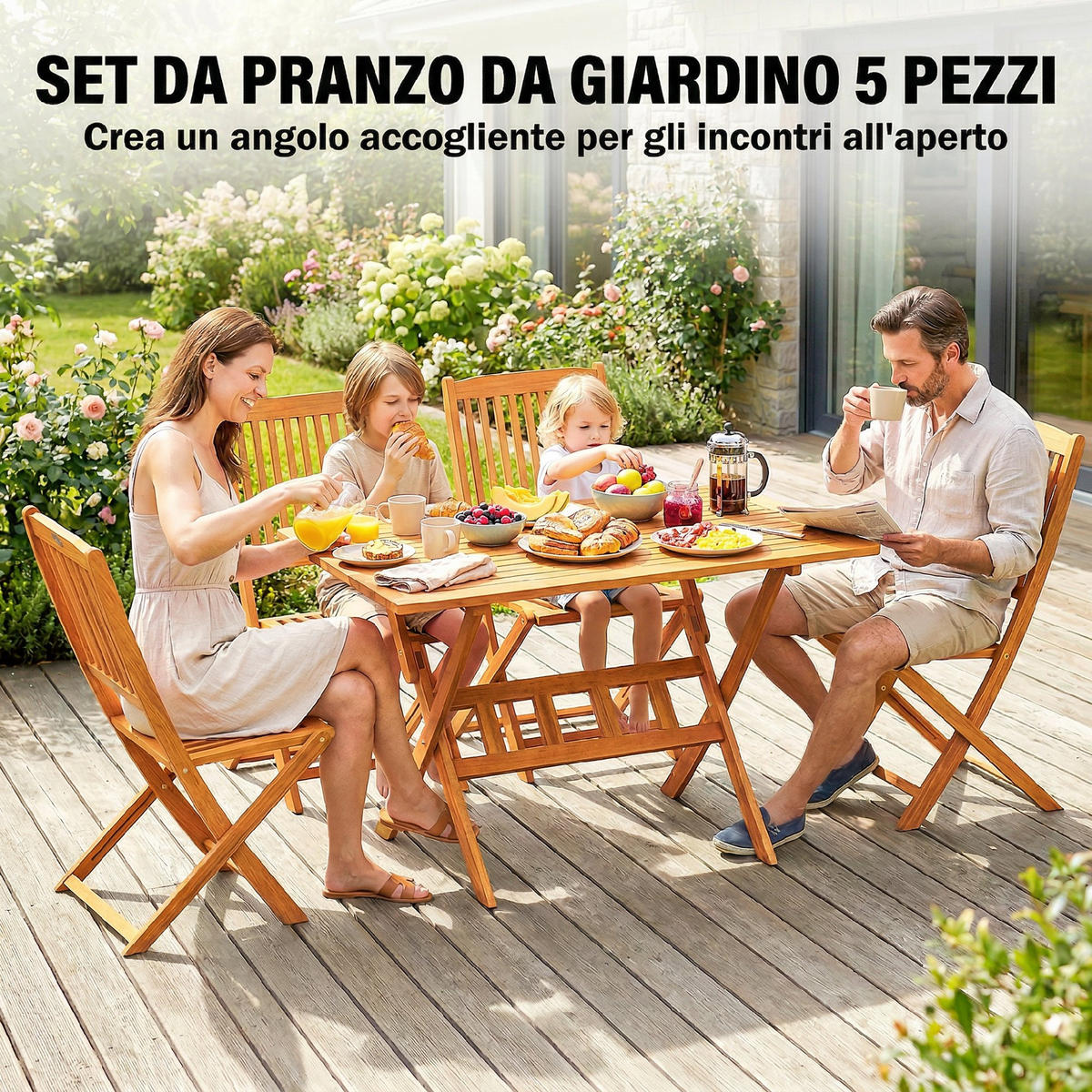 GARTEN-ESSSET 5-teilig,Tisch+4 Klappstühle - Beige, Holz - Vallsero