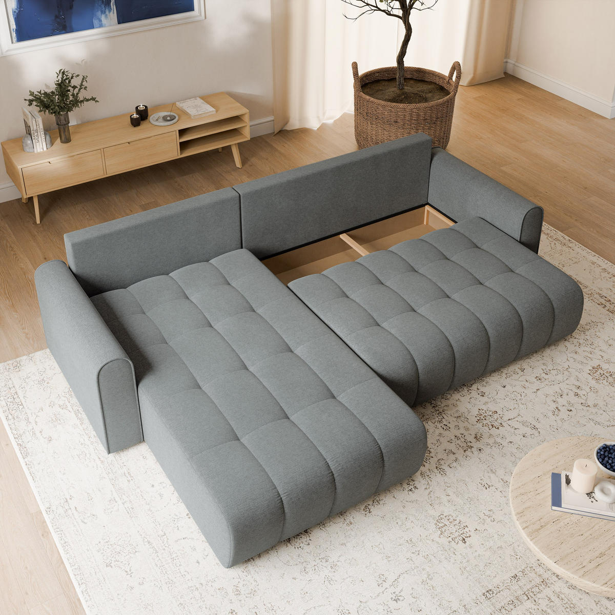ECKSOFA FRIGA Grau Strukturstoff mit Schlaffunktion - Grau, Holz (283/185cm) - MASSENO