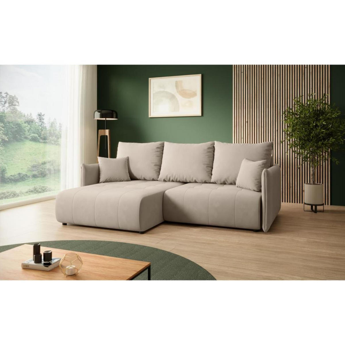 ECKSCHLAFSOFA Henry Mini beige links - Beige/Schwarz, Kunststoff/Textil (221/153cm) - Beautysofa