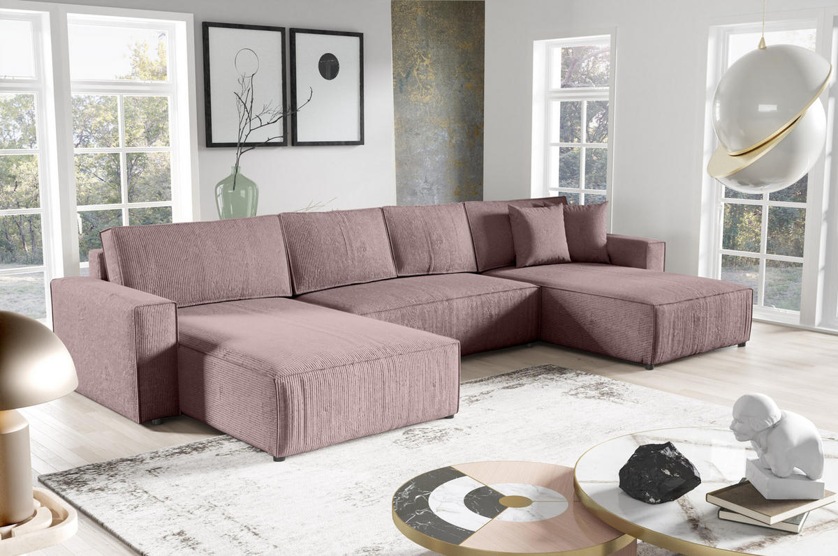 WOHNLANDSCHAFT Sekwana U Rosa - Altrosa, Naturmaterialien (185/70/398cm) - Fedve